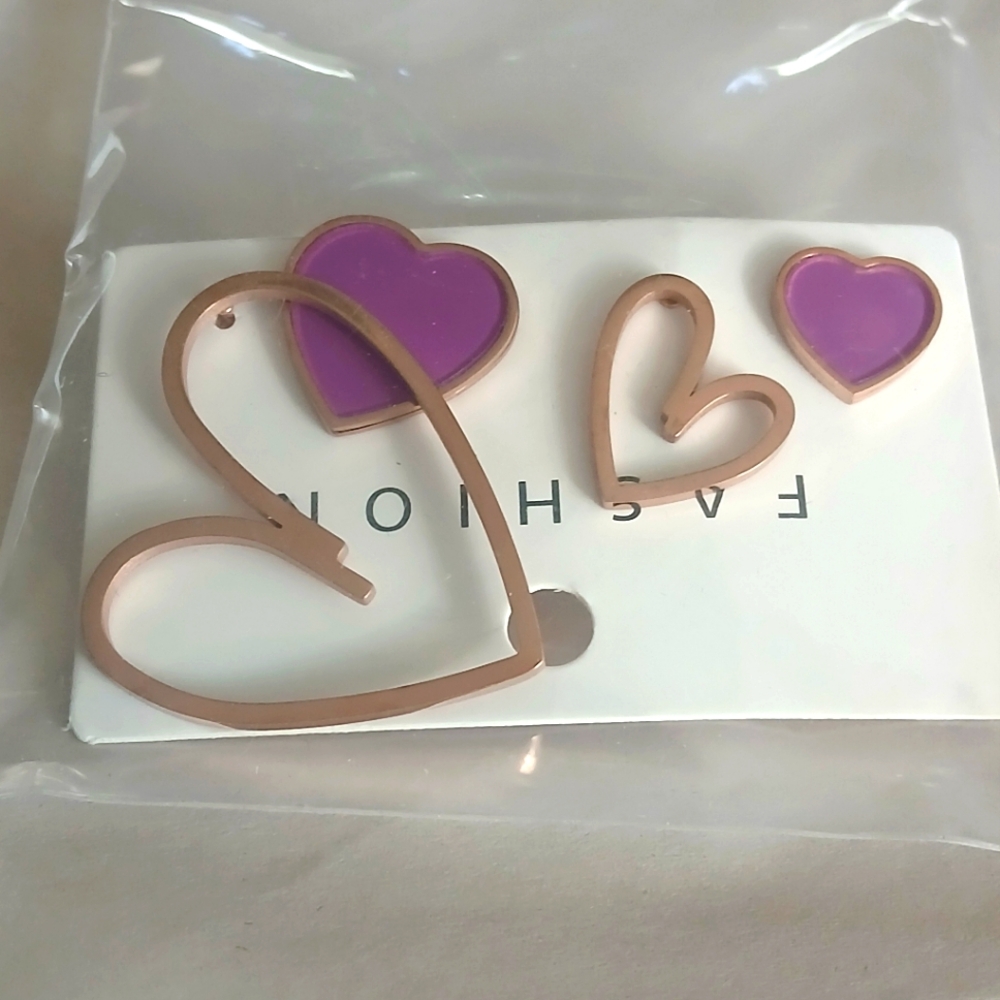 Asymmetrical enamel Heart post fashion earrings, Pink and gold-tone! 2 PAIRS